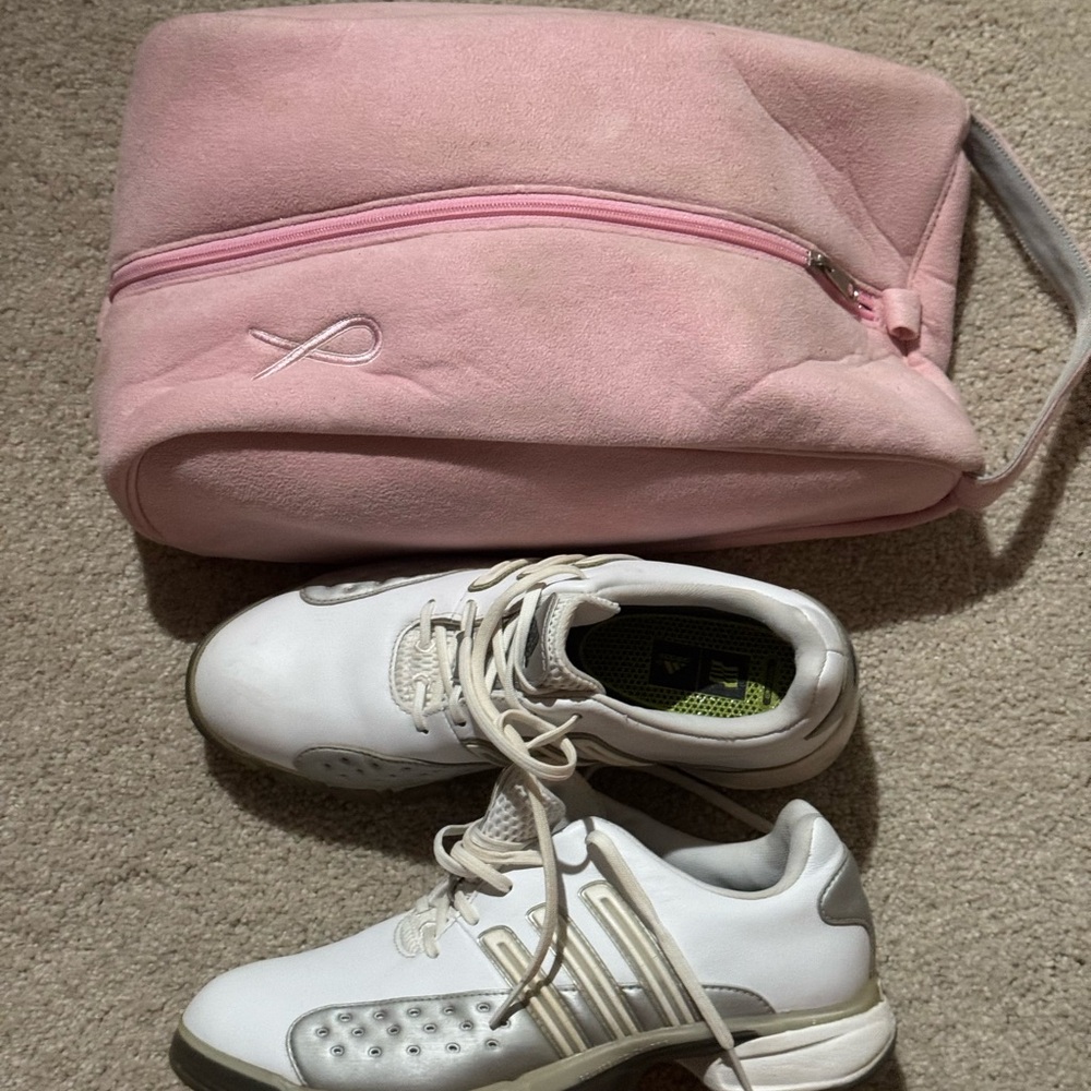 Wilson Hope Women’s Adidas White Grey Golf Shoes. Pink Faux Suede Shoe Case.